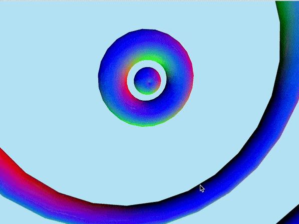 Using p5 code, five rotating tori are viewed using click inputs from a MakeyMakey